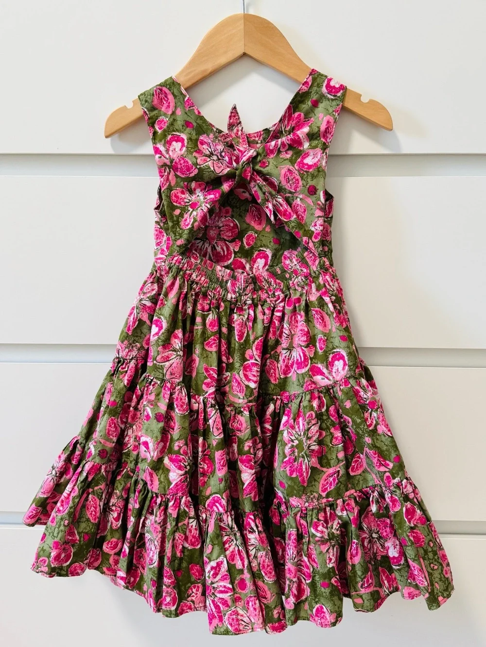 Vintage Rare Maggie & Zoe Olive Green & Hot Pink Floral Tiered Dress -Size: 4T
